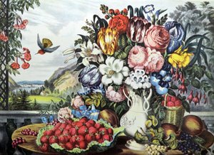 Landskap, frukt og blomster